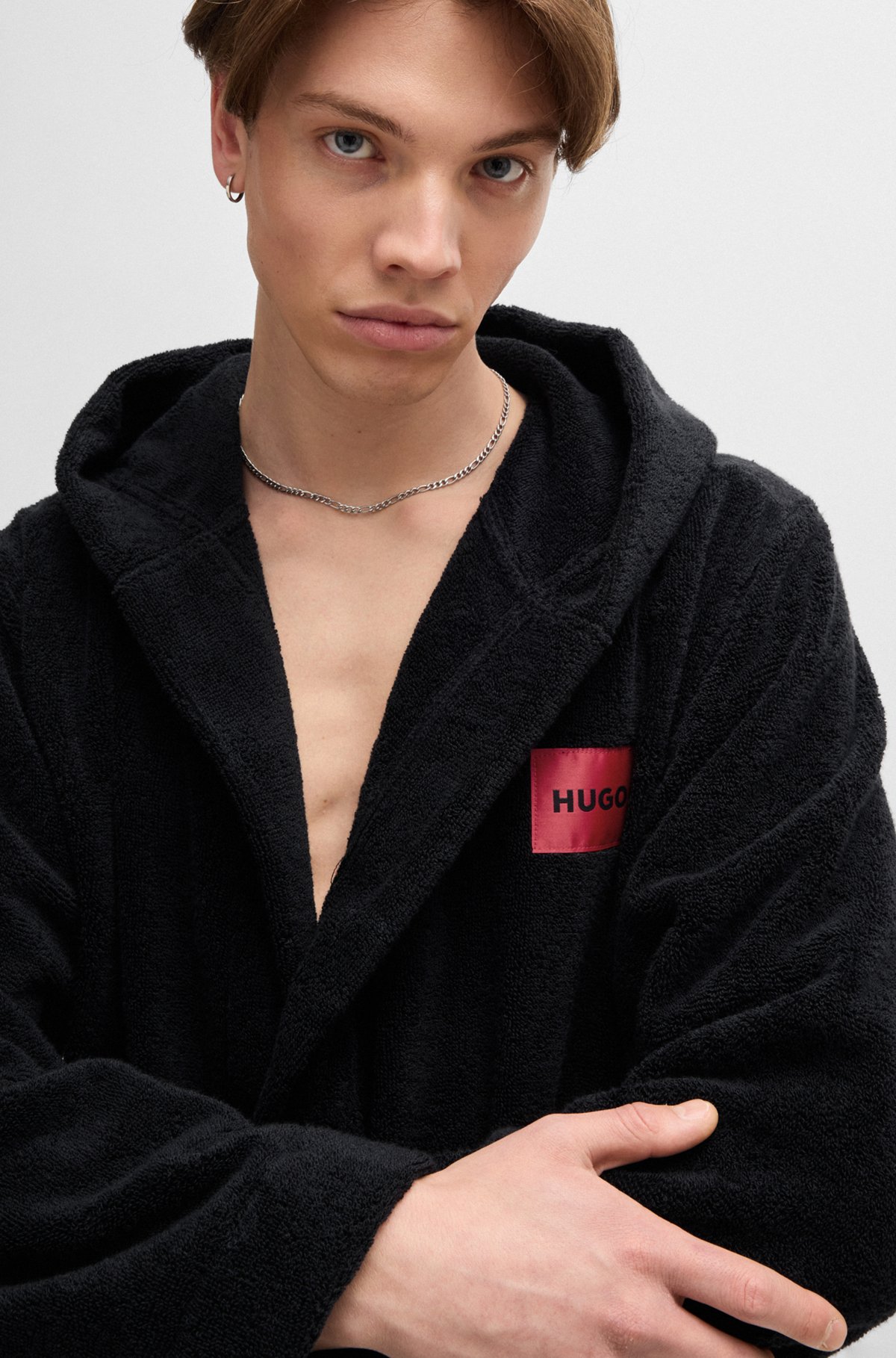 HUGO - Cotton-terry hooded dressing gown with red logo label