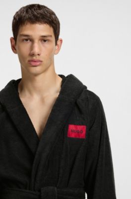 Cotton-terry dressing gown with red logo label, Black