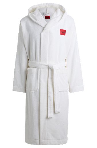 Cotton-terry hooded dressing gown with red logo label, White