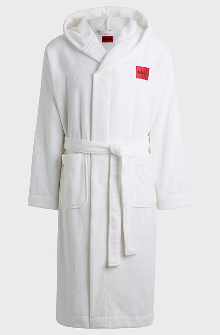 Cotton-terry dressing gown with red logo label, White