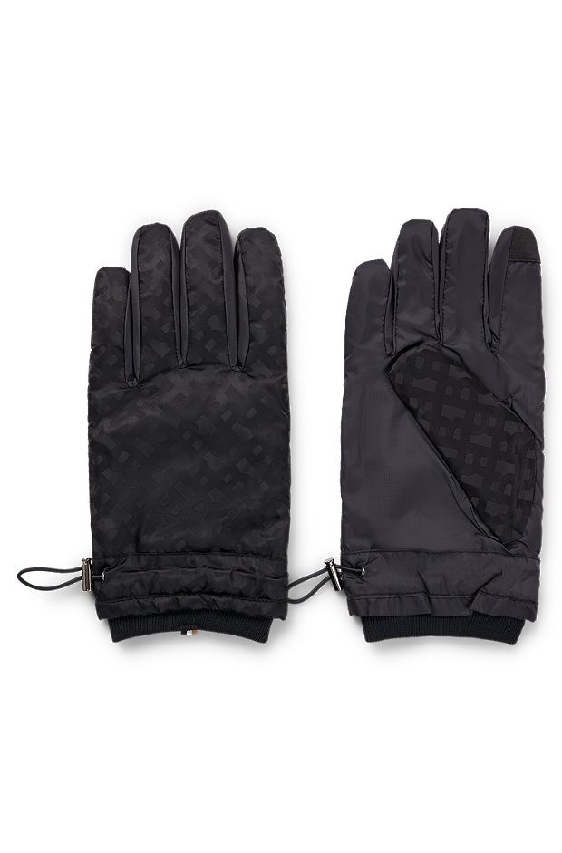 Padded gloves with tonal monogram details and flannel lining, Black