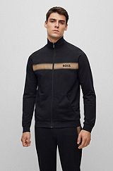 Jacke aus Bio-Baumwolle mit Reißverschluss, Logo und Streifen, Schwarz
