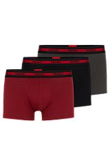 Three-pack of stretch-cotton trunks with logo waistbands, Black / Dark Grey / Red