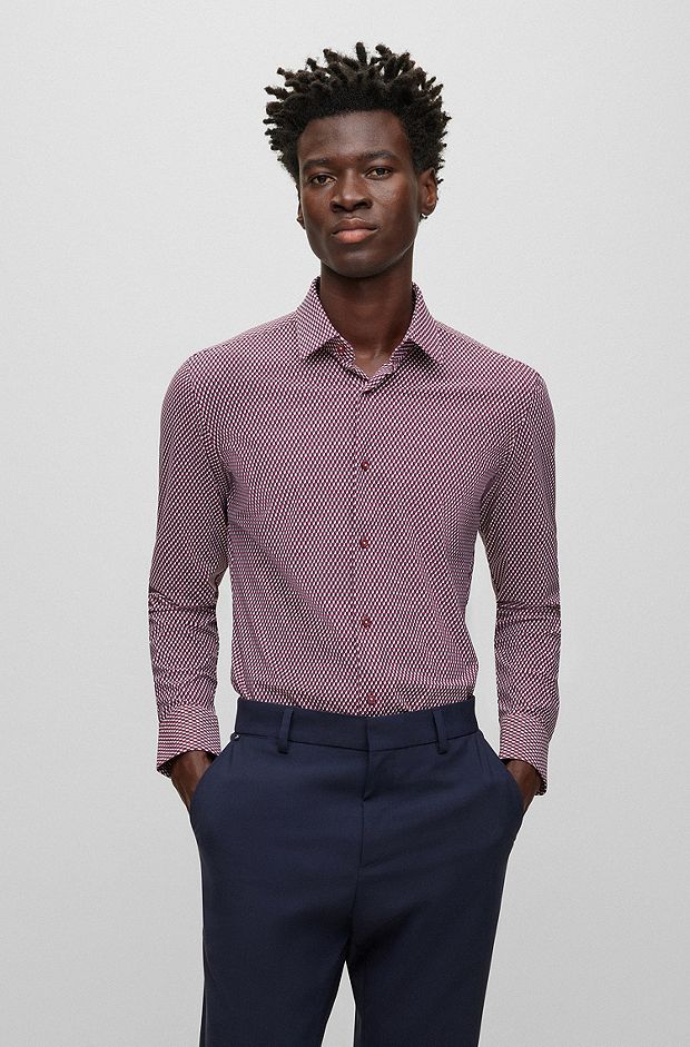 Slim-fit shirt in printed performance-stretch fabric, Dark Red