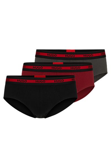 Three-pack of stretch-cotton briefs with logo waistbands, Black / Dark Grey / Red
