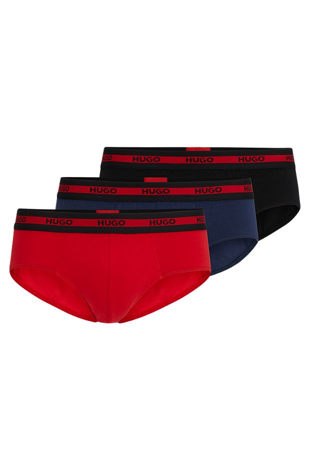Three-pack of stretch-cotton briefs with logo waistbands, Red / Blue / Black