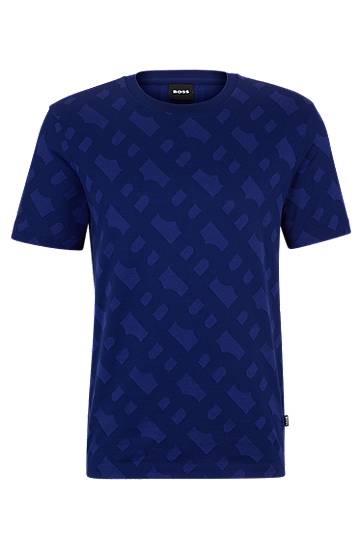 Hugo Boss Mercerised-cotton Regular-fit T-shirt With Monogram Jacquard In Blue