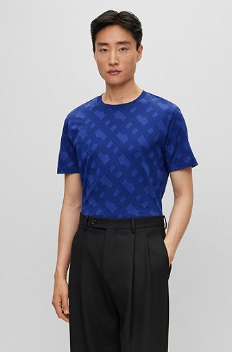 Mercerised-cotton regular-fit T-shirt with monogram jacquard, Dark Purple