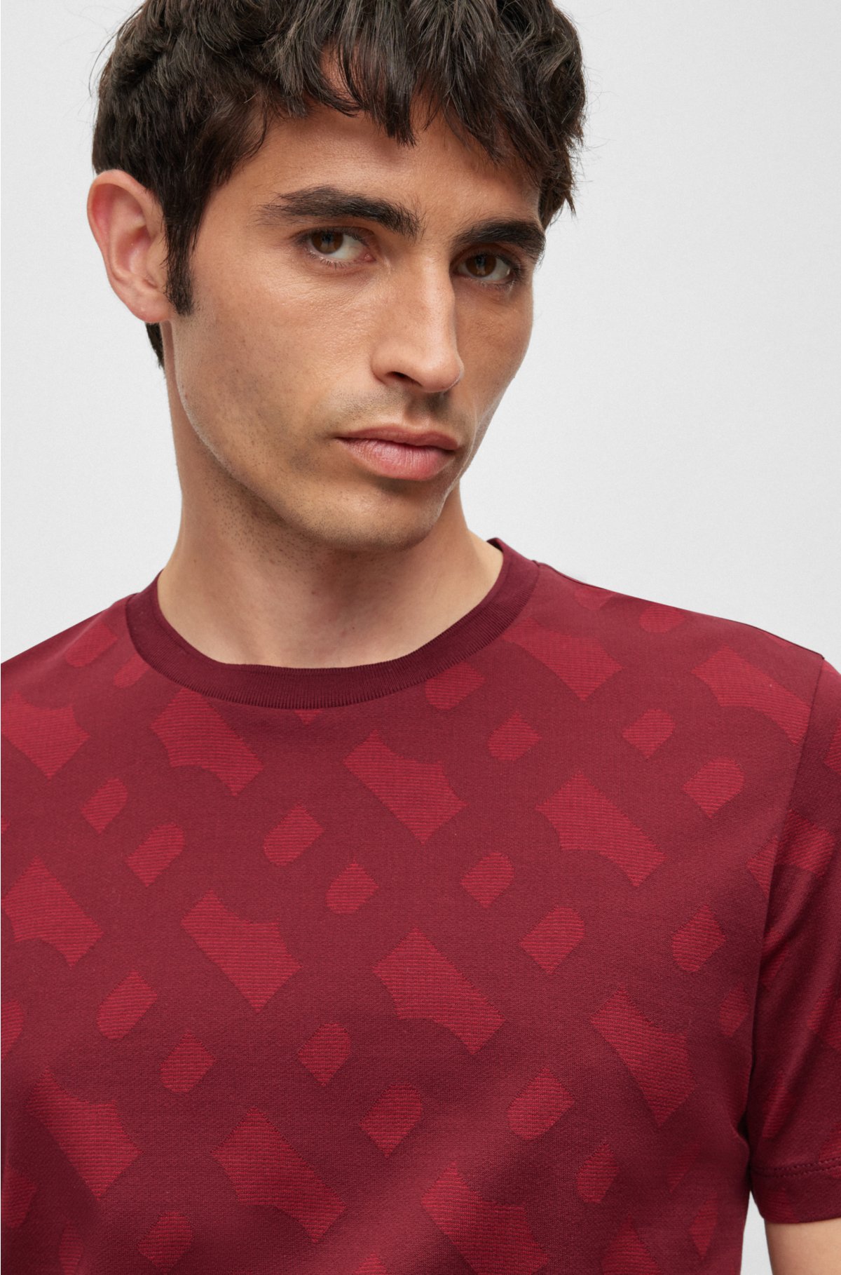 Mercerised-cotton regular-fit T-shirt with monogram jacquard, Dark Red