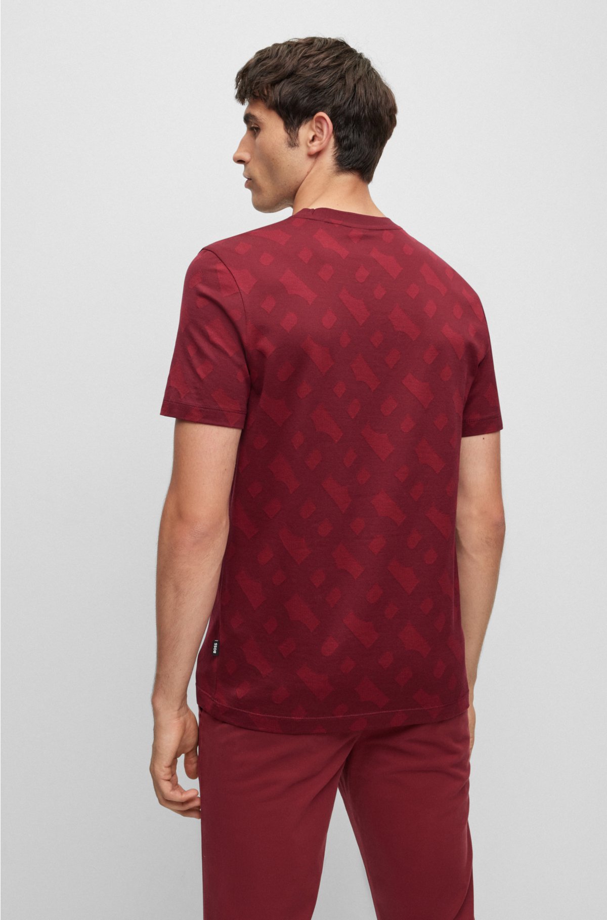 Mercerised-cotton regular-fit T-shirt with monogram jacquard, Dark Red