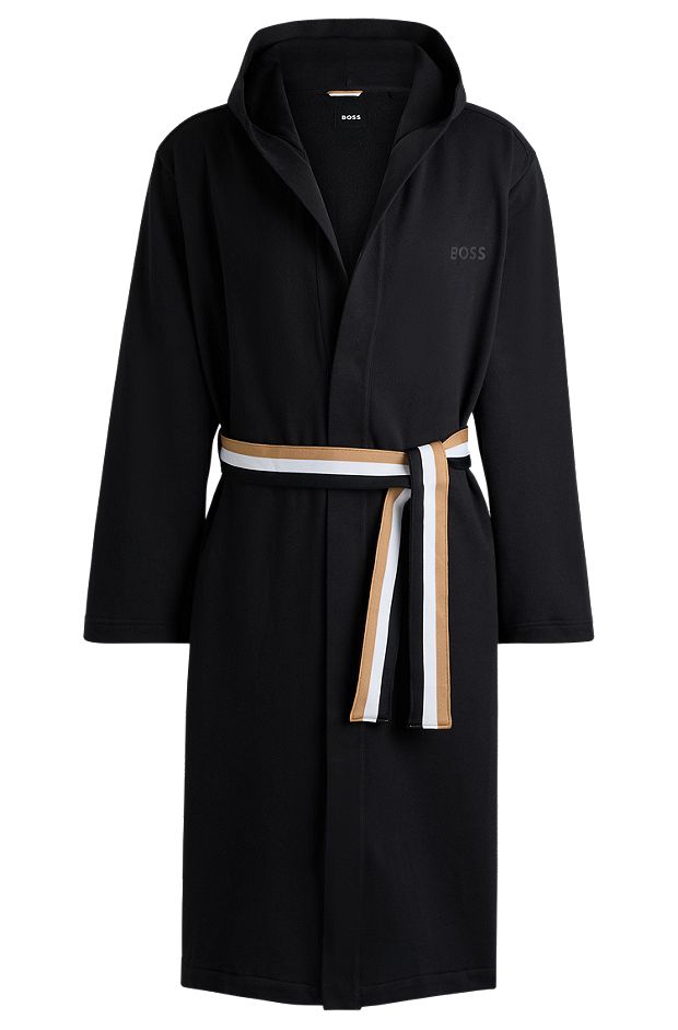 Hooded dressing gown with signature-stripe belt, Black
