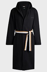 Cotton-terry hooded dressing gown with signature-stripe belt, Black
