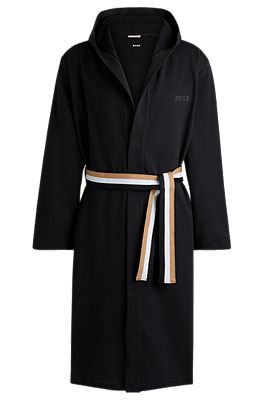 BOSS Cotton terry hooded dressing gown with signature stripe belt