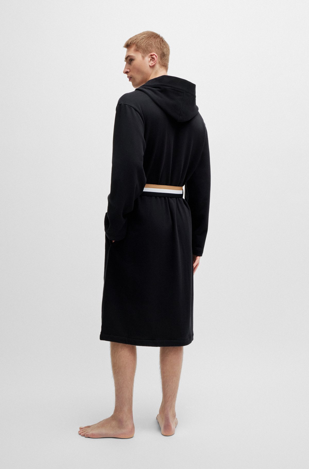 BOSS - Cotton-terry hooded dressing gown with signature-stripe belt