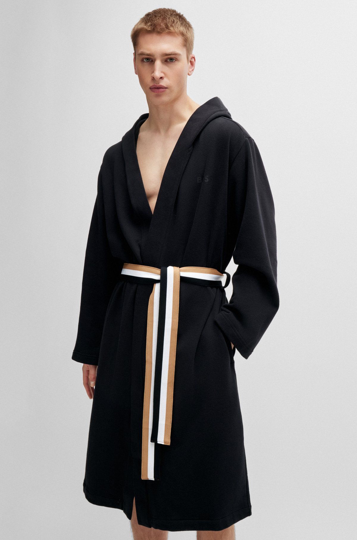BOSS - Cotton-terry hooded dressing gown with signature-stripe belt