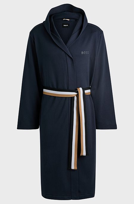 Cotton-terry hooded dressing gown with signature-stripe belt, Dark Blue