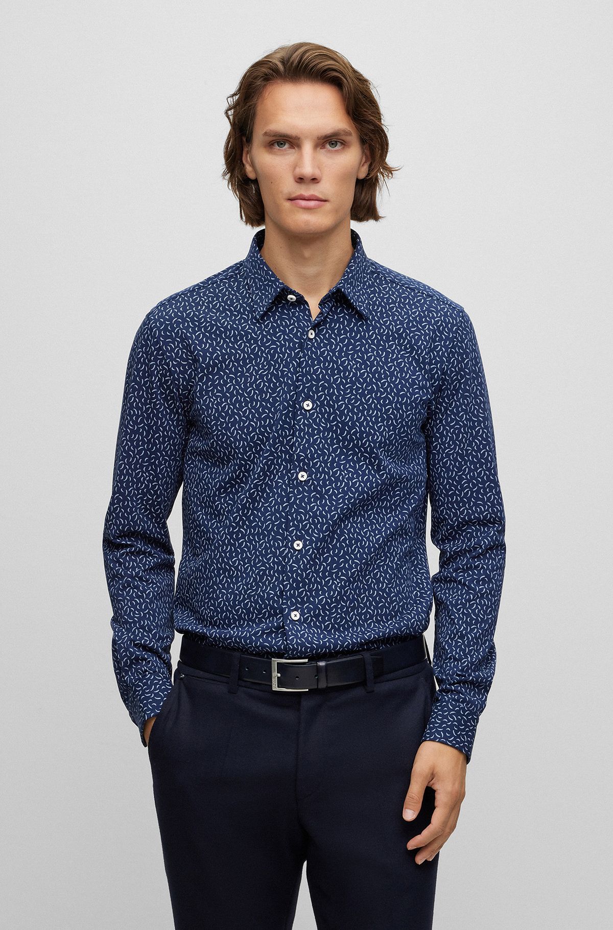 Slim-fit shirt in a printed cotton blend, Dark Blue