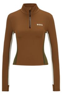 BOSS x Alica Schmidt logo zip-neck top with colour-blocking, Brown