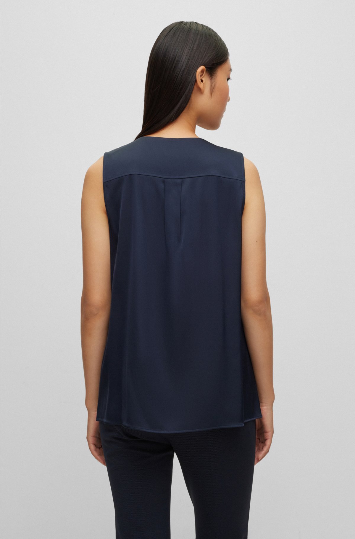 Sleeveless blouse in stretch-silk crepe de chine, Dark Blue
