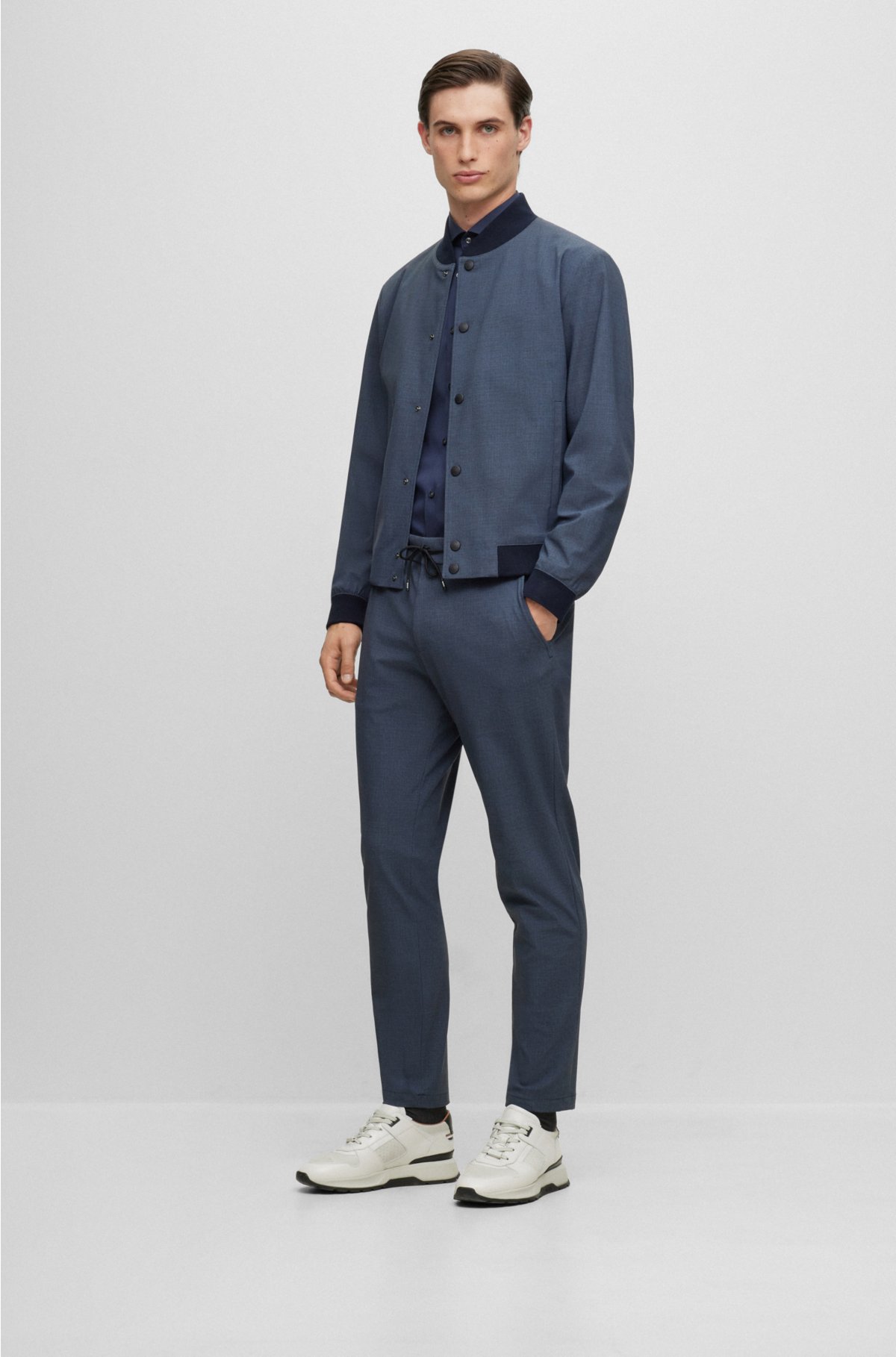 Slim-fit jacket in micro-patterned performance-stretch jersey, Dark Blue