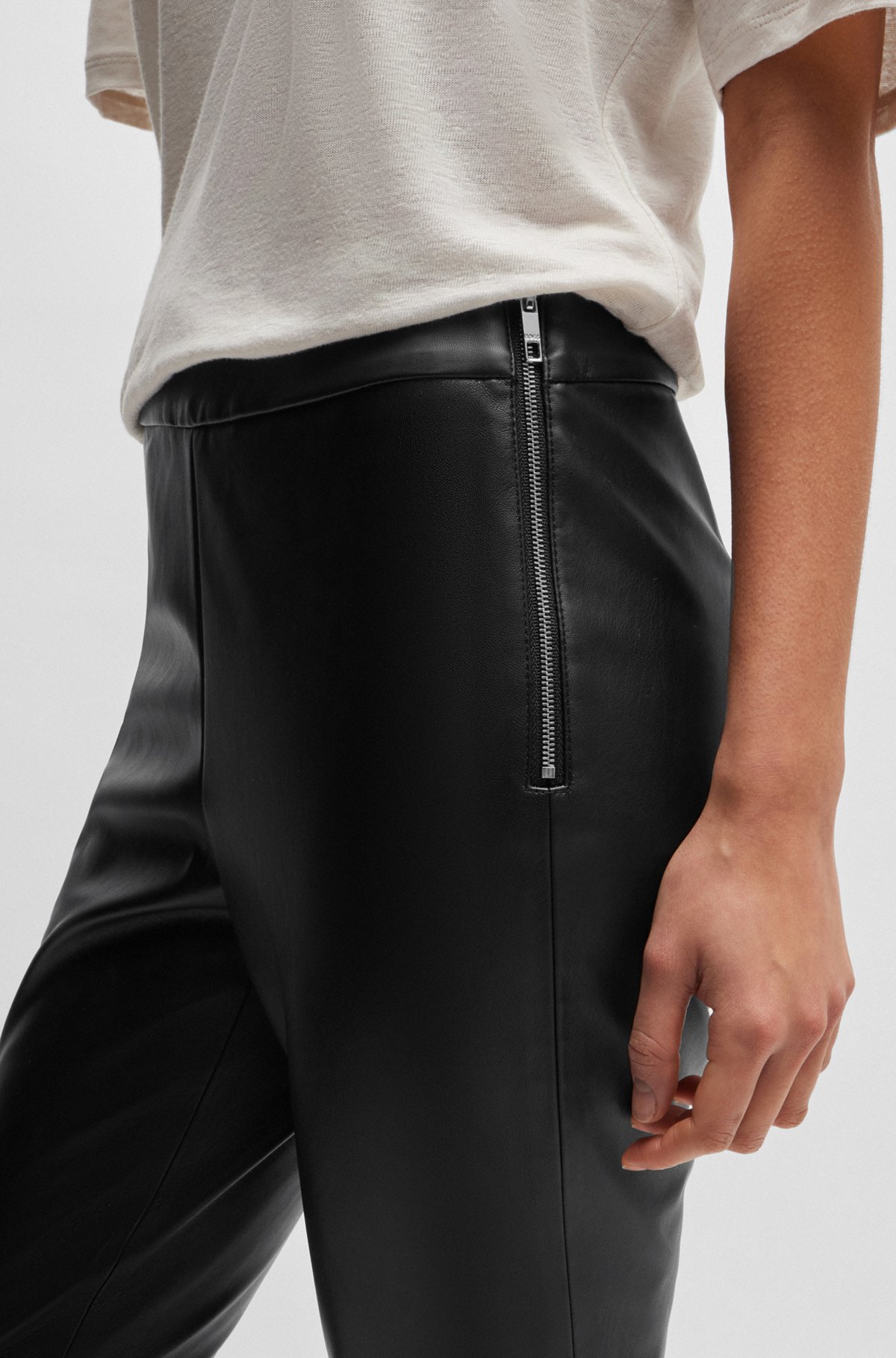 Skinny-fit high-waisted trousers with side zip, Black
