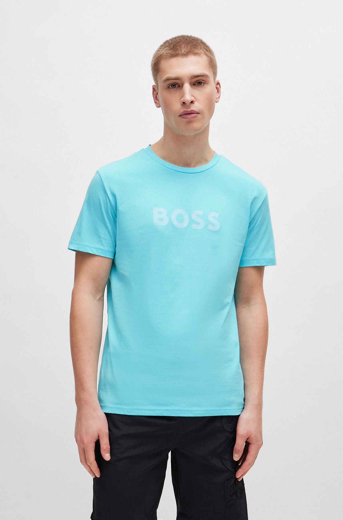 Cotton-jersey regular-fit T-shirt with logo print, Turquoise