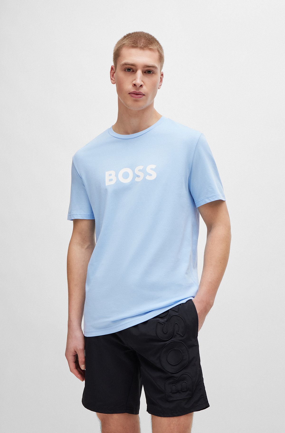Regular-fit T-shirt van katoenen jersey met logoprint, Lichtblauw
