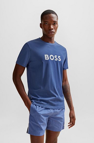 Organic-cotton T-shirt with large logo, Blue