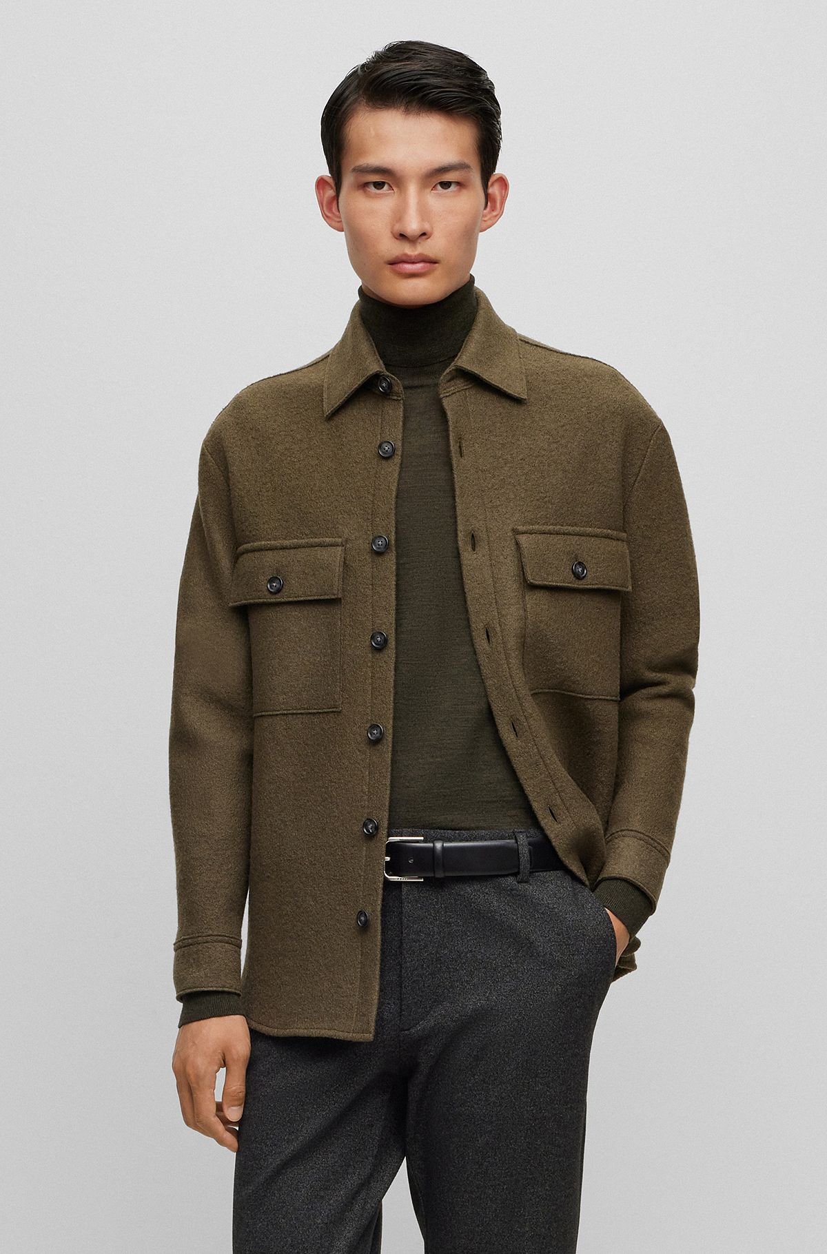 Relaxed-fit shirt in virgin wool with Kent collar, Khaki