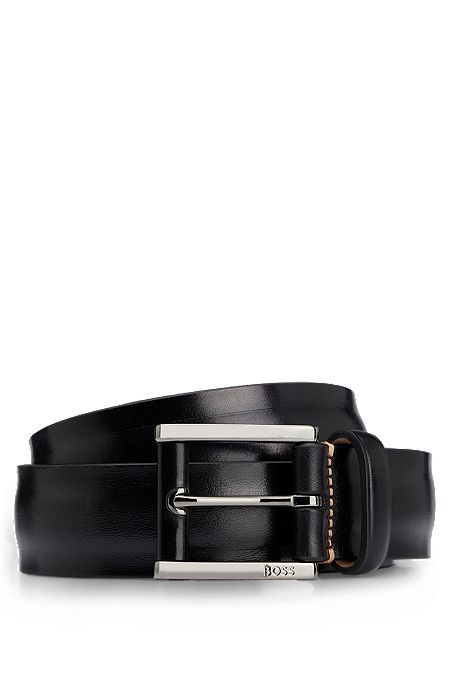 Italian-leather belt with logo-engraved buckle, Black