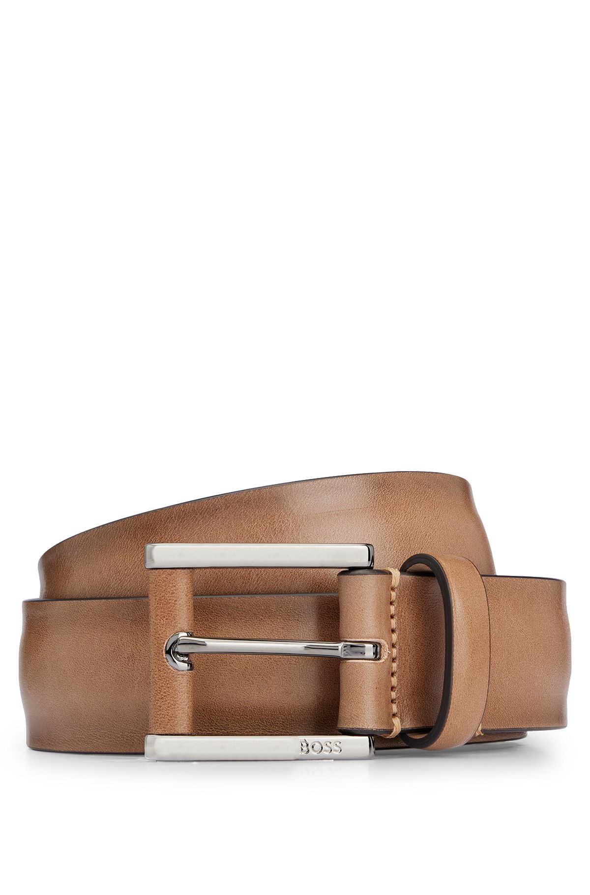 Italian-leather belt with logo-engraved buckle, Brown