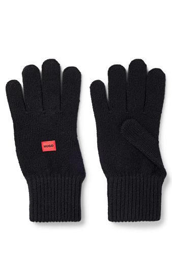 Handschuhe aus Woll-Mix mit rotem Logo-Label, Schwarz