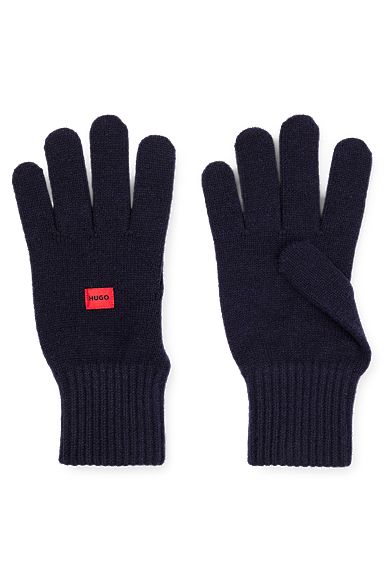 Handschuhe aus Woll-Mix mit rotem Logo-Label, Dunkelblau