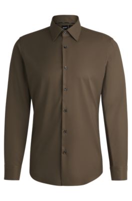 Slim-fit shirt in performance-stretch twill, Khaki