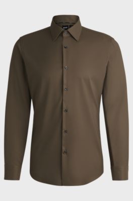 Slim-fit shirt in performance-stretch twill, Khaki