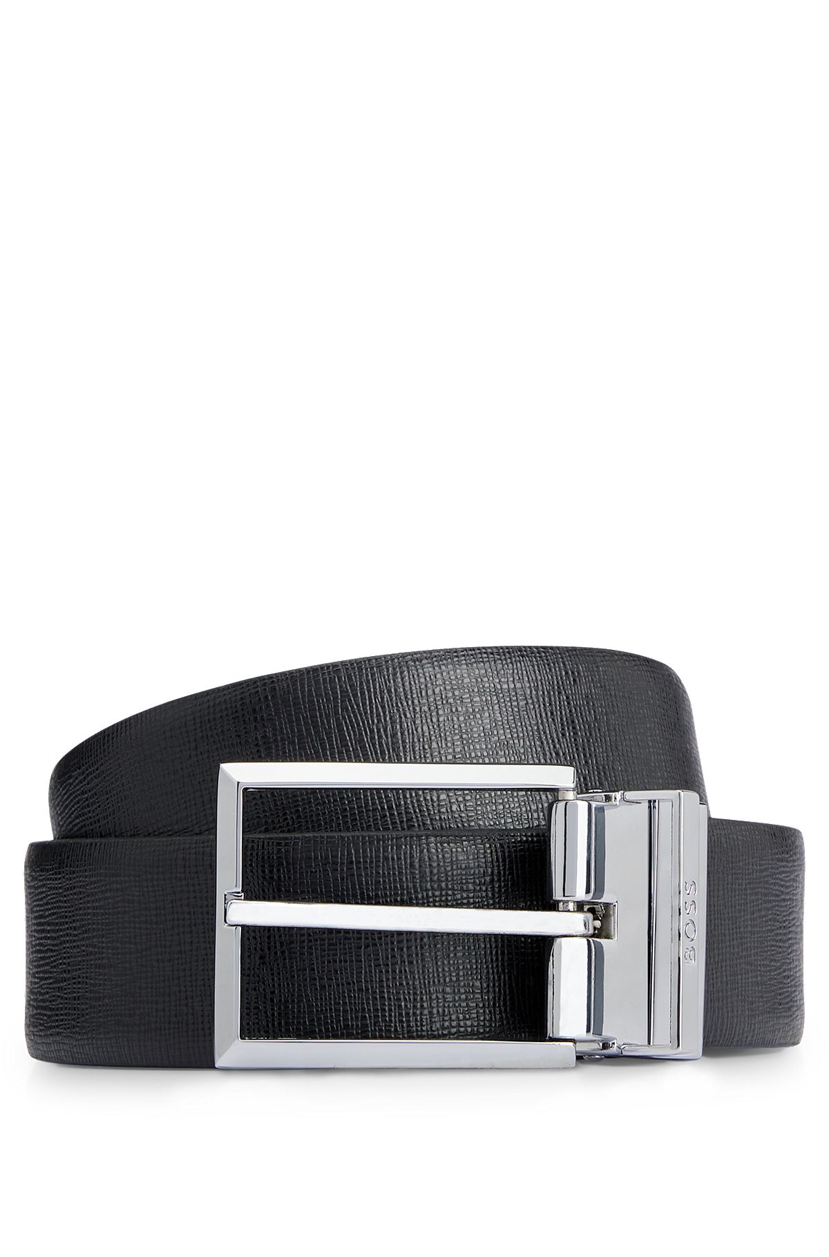Italian-leather reversible belt with plaque and pin buckles, Black