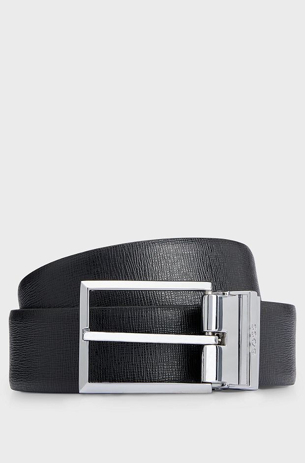 Italian-leather reversible belt with plaque and pin buckles, Black