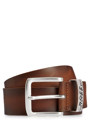 Leather belt with metal logo keeper, Brown