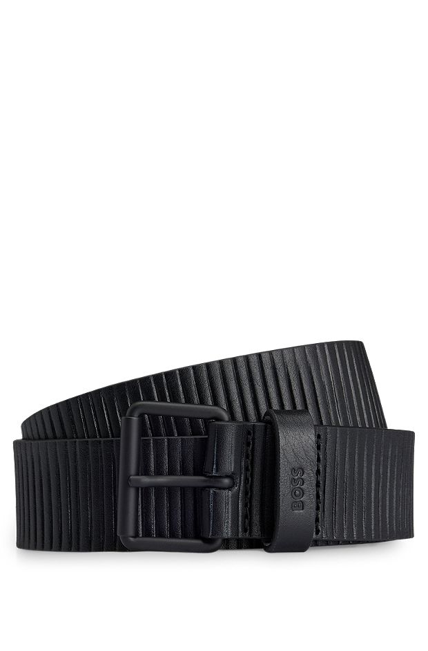 Structured-leather belt with logo keeper, Black