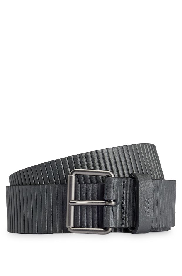 Structured-leather belt with logo keeper, Dark Grey