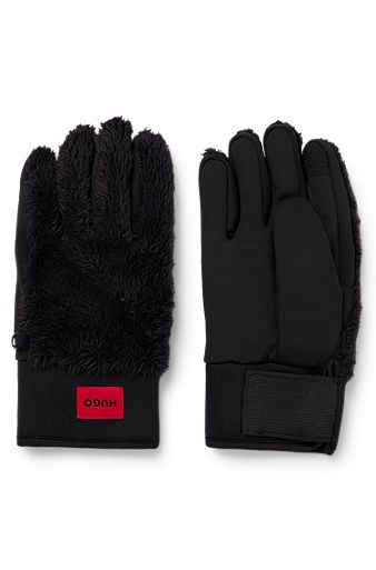 Mixed-material gloves with red logo label, Black