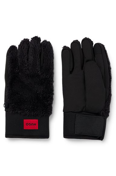 Mixed-material gloves with red logo label, Black