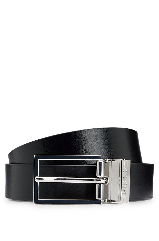 Reversible Italian-leather belt with pin and plaque buckles, Black