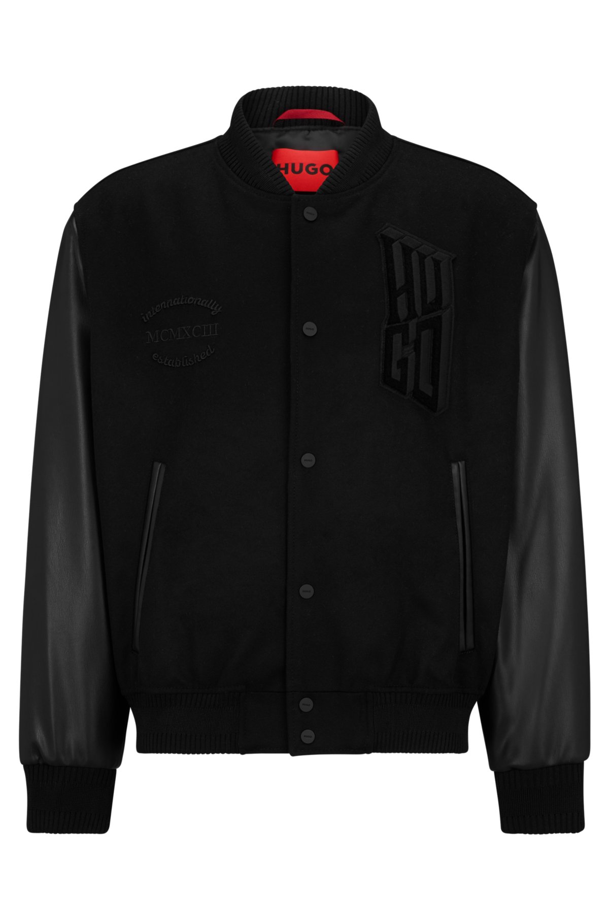 M Badge Faux Leather Sleeve Varsity Jacket