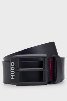 Leather belt with matte-black logo-trim buckle, Black