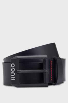 Leather belt with matte-black logo-trim buckle, Black