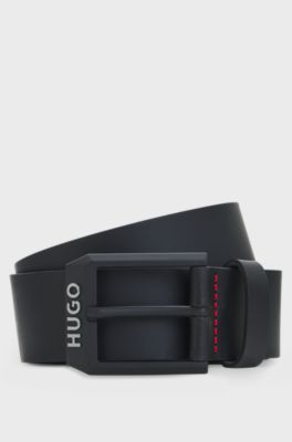 Leather belt with matte-black logo-trim buckle, Black