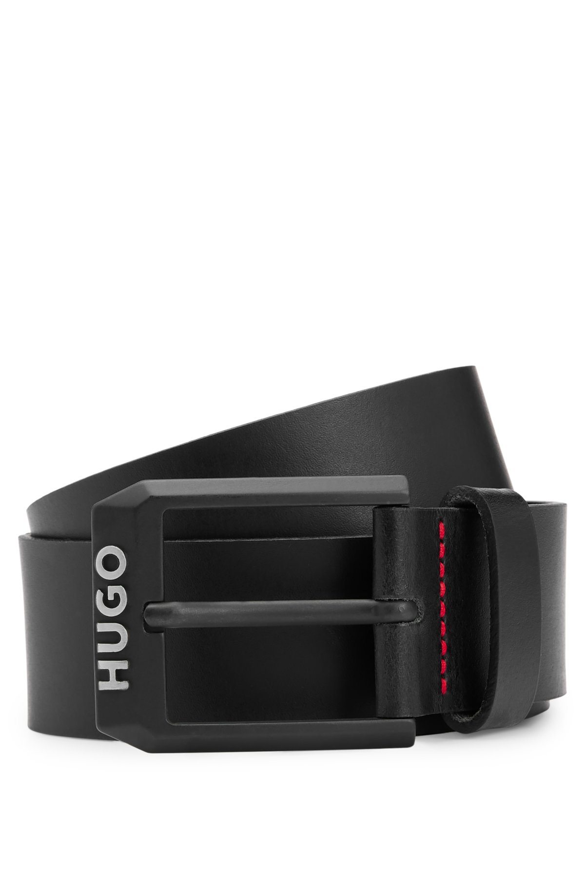 Ledergürtel Logo-Schließe HUGO mattschwarzer mit -