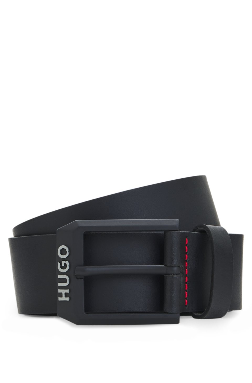 Leather belt with matte-black logo-trim buckle