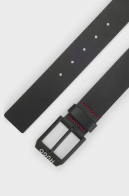 Leather belt with matte-black logo-trim buckle, Black